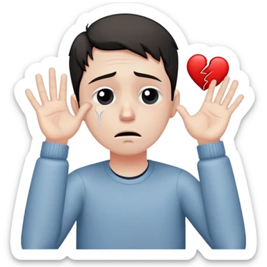 man with anxious attachment style with tears in eyes looking devastated, large broken heart symbol next to him, slumped posture showing emotional pain, hands reaching out desperately despite rejection sticker
