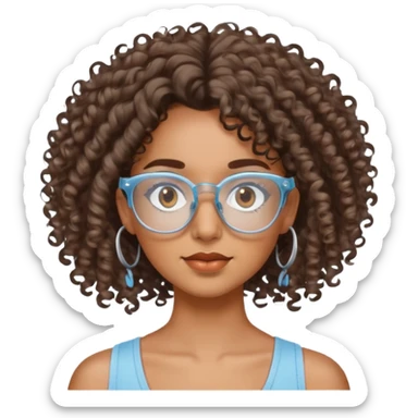 Chica morena cabello crespo con lentes transparentes y ojos cafés y blusa  de tiras color azul claro. sticker