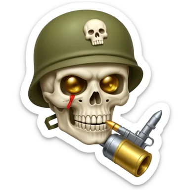 Una calavera 💀 soldado 🪖 mordiendo una bala en su boca con fondo verde  sticker