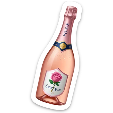 bottle of sparkling rosé with a rose logo on the label, angled to the left, no glass sticker