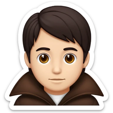 Emoji iPhone seorang pria dengan rambut hitam, dengan poni, mengenakan atasan jas berwarna coklat kehijauan , mata gelap  sticker