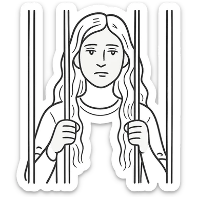 hand drawn outline style of a golden girl with long hair behind jail bars sticker