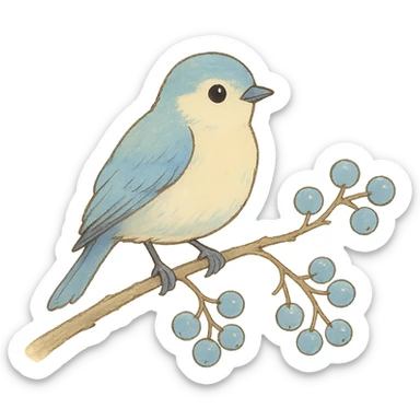 pastel bird perched on a branch with berries, soft blue and cream tones, ghibli style sticker