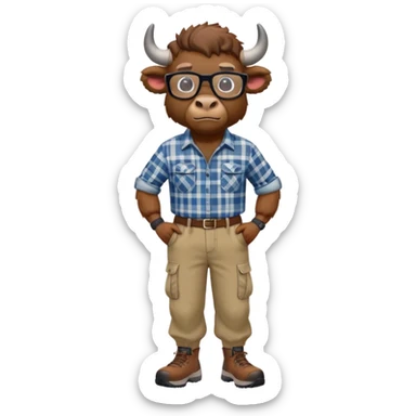 friendly anthropomorphised bison in cargo pants and plaid shirt, wearing glasses, jogging upright, relaxed pose sticker