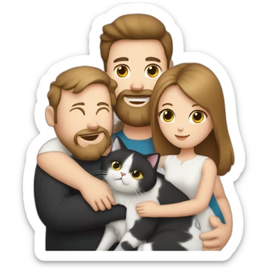 Family photo a fat husband with a beard is holding a white cat and wife with straight hair is holding a black cat sticker