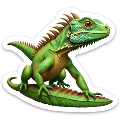 cinematic-iguana-realistic-full-body-basking-emoji,-long-scaly-body-stretched-out,-spiny-ridge-running-down-its-back,-textured-green-and-brown-skin-dappled-with-light,-sharp-intelligent-eyes-studying-the-surroundings sticker