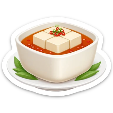 Sichuan Doufu Hua soft tofu pudding with spicy sauce, simplified emoji style with bold outlines and bright colors, cartoon style savory tofu dessert sticker