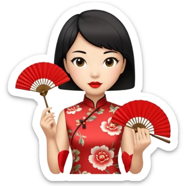 a chinese woman wearing a cheongsam holding a folding fan elegantly with fancy, red lipstick and short black hair sticker