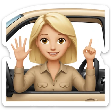 blonde woman driving car. one hand up Happy face confidence sticker