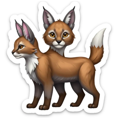 Realistic patterned marked edgy greyish blackish whitish silvery coppery Shiny Colorful Glossy Caracal-Fox-Cabbit-Lion-Lynx-Bobcat-fusion-animal-hybrid-creature, full body, big-tufted-bat-ears, long-thin-tufted-white-tipped-tail sticker