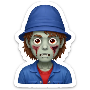 brown fluffy hair zombie with blue and white hat dark blue jilet red t shirt sticker