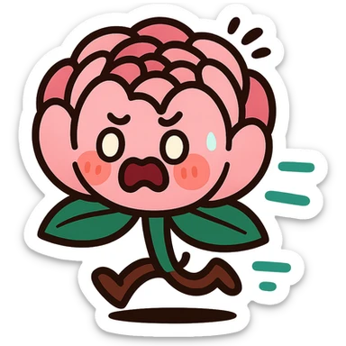 round chibi pastel pink peony flower with blushing cheeks and a panicked expression, rushing with tiny legs, vibrant toon style sticker
