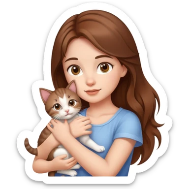 A beautiful brown-haired girl holding a kitten sticker