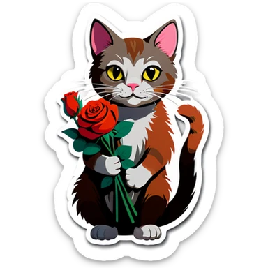 A cat holding a bunch of roses sticker