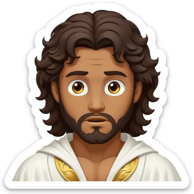 Cinematic Realistic Hercules Portrait, depicted as a classical Greek hero inspired by the Disney version yet echoing the refined proportions and serene dignity of Michelangelo's David. His idealized, sun-kissed bronze skin glows with timeless strength, and his thick, wavy dark hair falls in natural, sculpted curls. Draped in a flowing white robe with delicate golden accents, his expressive eyes radiate determined nobility, all rendered under dynamic natural lighting with a mythic, radiant glow. sticker