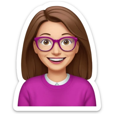 50 yr Caucasian woman, long brown hair parted on side, brown eyes, glasses, big smile, white teeth, fuscia sweater sticker
