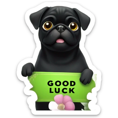 Black pug , surrounded by flowers, holding a green sign that says “good luck”  sticker