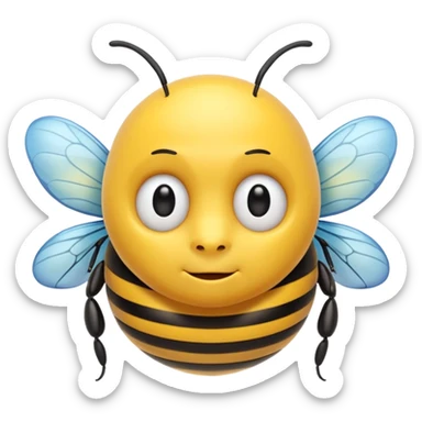 Create a cute emoji-style illustration of a bee with the face of an older man. The bee has a round yellow body with black stripes, small antennae, and light blue wings. Use bold outlines, bright colors, smooth shading, and a glossy sticker-like finish. Transparent or white background. sticker