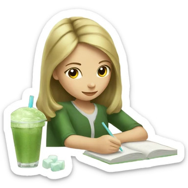 Girl studying and drinking ice matcha  sticker