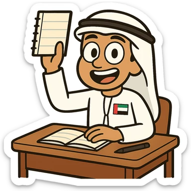 Edit the cartoon character to wear traditional Emirati attire and include the UAE flag, symbolizing class participation, with no background. sticker