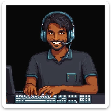 Indian man with a headset, typing on a keyboard, mischievous smile, cubicle setting, pixel art style sticker