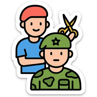 a soldier man getting a haircut, color outline icon style sticker