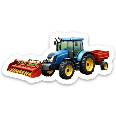 An icon representing a farming simulator, with a detailed tractor plowing fields under a bright sky with rural landscape. The design includes farming tools, crops and barns, symbolizing the immersive experience of managing a farm. Transparent background. sticker