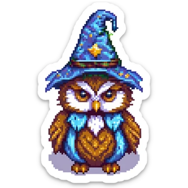 owl with a starry wizard hat pixel art sticker