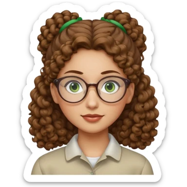 iranian woman, tight curly light brown hair in pony tail, glasses, green eyes, pretty, oval shape face sticker