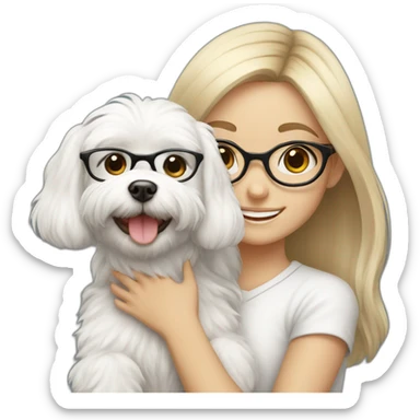 smiling girl with glasses with a white Maltese dog in her arms sticker