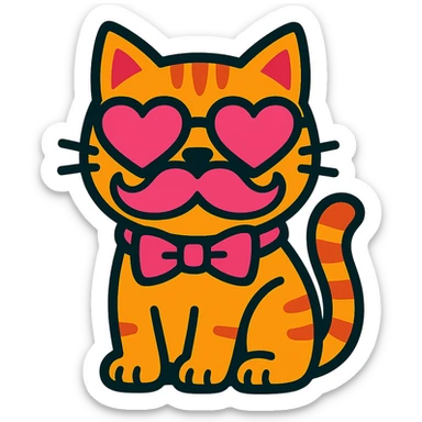 cat with pink heart sunglasses, pink moustache, and pink bow in vibrant toon style sticker