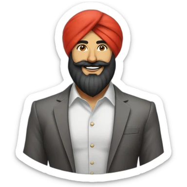 sikh businessman wearing a red turban, black full beard with moustaches, smile sticker