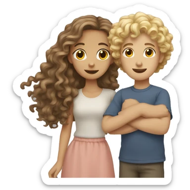 brown hair girl with blonde boy with curly hair holding her sticker