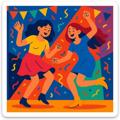 two girls dancing energetically at a party, celebration scene, vibrant, colorful, joyful sticker