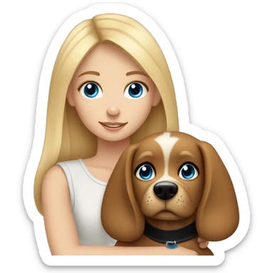 Blond girl with blue eyes cuddles a brown dog with black eyes  sticker