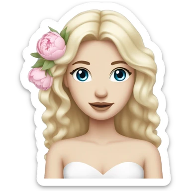 White bride with long light blonde hair and blue eyes with light pink peonies in hair white skin  sticker