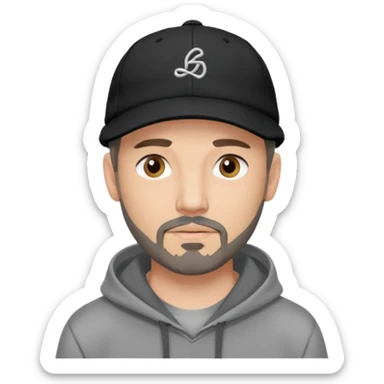 Hombre de ojos claros, con barba fina y perilla, gorra negra bordada, y sudadera gris. Expresión relajada y estilo urbano. sticker