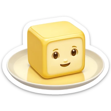 A 3D cartoon yellow butter block on a dish with soft light, Memoji-style realism. sticker