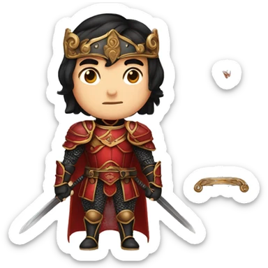 Vintage Tanned man with black hair pointed chin and stern face wearing red and black armour holding sword vintage intricate patterns sticker