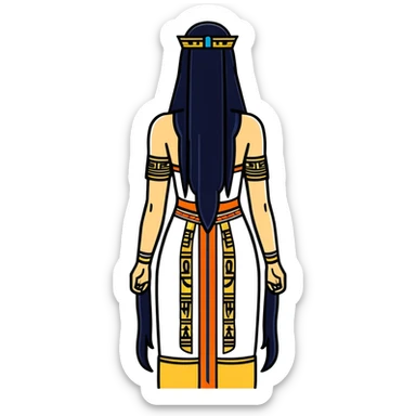 back view of Anunnaki goddess Inanna with straight long black hair and ancient Sumerian symbols embroidered on her ceremonial dress sticker