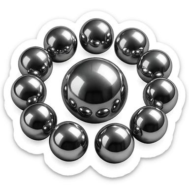 abstract chrome composition with multiple spheres forming a circle and a prominent sphere in the center, radiant and polished, no background sticker