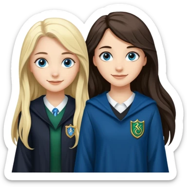 a pretty ravenclaw girl with long dark brown hair and blue eyes standing with a pretty Slytherin girl with long blonde hair, blue eyes sticker