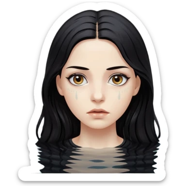 Woman submerged in black water, wet skin and eyes above surface, silent invitation sticker