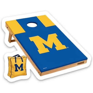 Cornhole board blue and yellow with Michigan “M” With a  cornhole bag sticker