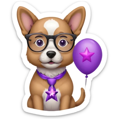 dog holding purple star balloon in hand with black glasses close view  sticker