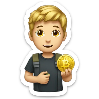 A boy with crypto coin sticker