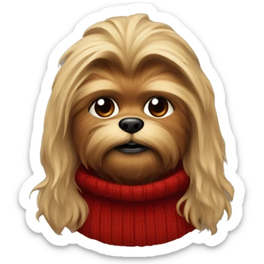Create old shitzu blonde colored with brown nose and Chewbacca look. Red sweater turtleneck. Disheveled face  sticker