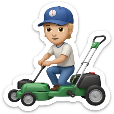 White man mowing wearing baseball hat sticker