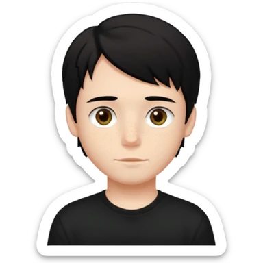 A beautiful boy with black hair and hazel green and brown eyes and white skin , with dark freckles and black t shirt with HAIRCUT: middle part hair hair with a center part haircut  sticker