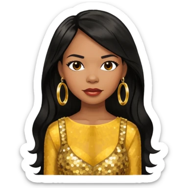 Michelle Williams R&B Singer, Long Black Hair, Medium Dark Skin, Brown Eyes, Gold Dress with earrings sticker